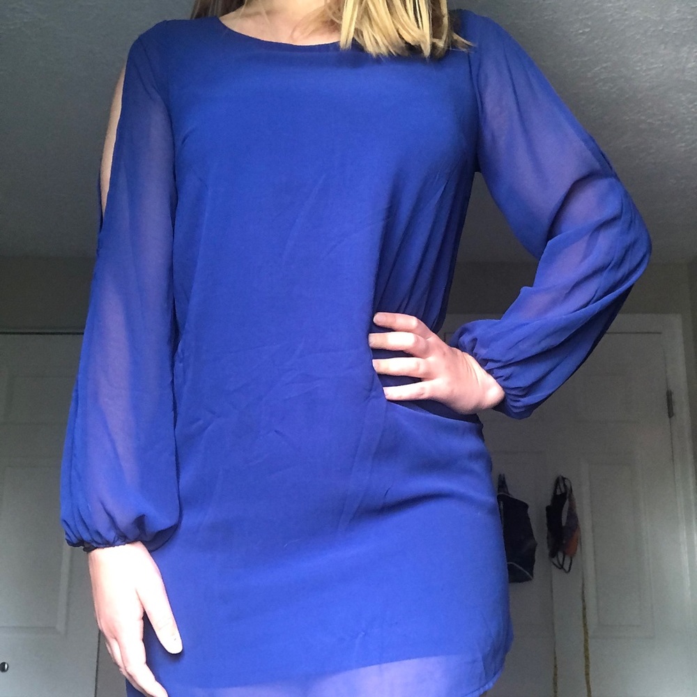 Blue dress with sheer overlay